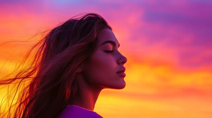 Fototapeta premium Serene Sunset Profile of a Woman