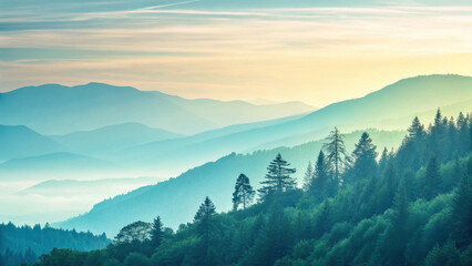 Mountain Range Illuminated at Sunrise with Coniferous Trees