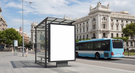 Blank advertising billboard mockup at a bus stop in madrid city,with a blue bus and historical building in the background
