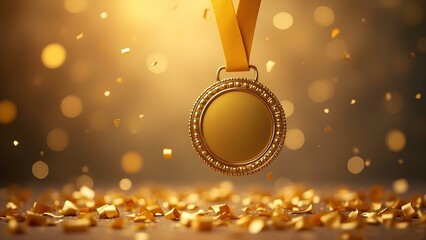 mock up golden medal and falling confetti, symbol of victory and achievement, award, success, celebration, winner