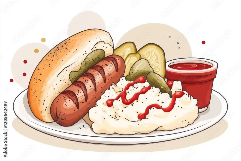 Poster a simple 2d drawing of a wurst sausage plate with mashed potatoes and pickles, illustrated with brig