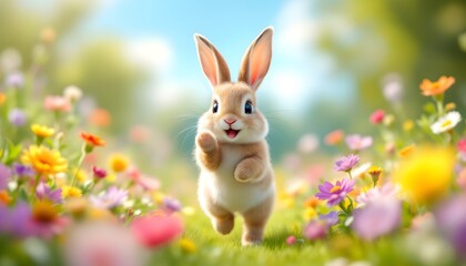 Adorable Bunny Rabbit Hopping Through Spring Flowers