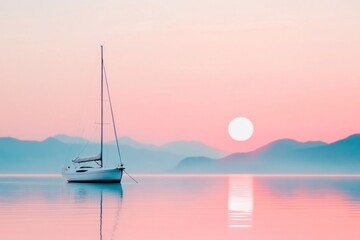 Fototapeta premium A simple composition featuring a yacht outline anchored against a setting sun, using soft pastel colors for a tranquil vibe