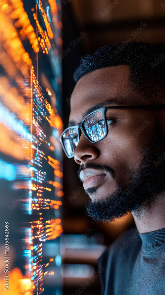 Poster side view portrait of focused programmer working at night reading code reflected in his glasses