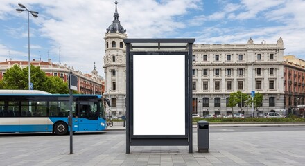 Blank advertising billboard mockup at a bus stop in madrid city,with a blue bus and historical building in the background
