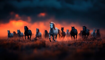Fototapeta premium Majestic Wild Horses Galloping Across the Open Grassland Ecosystem at Sunset A Stunning Herd of Equus Caballus in Their Natural Habitat, Displaying Family Bonds and Thriving in a Vibrant, Untamed