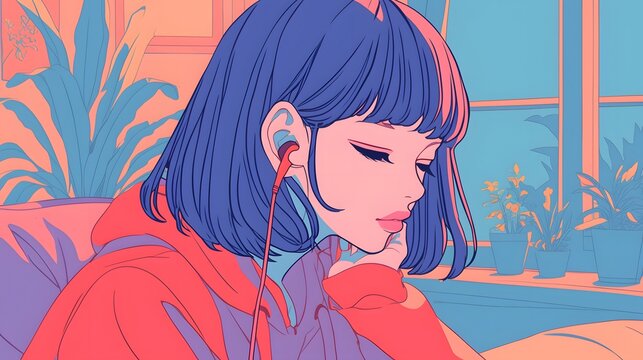 Lofi animation of a girl listening to music, designed to loop seamlessly