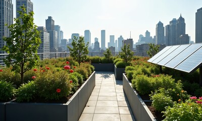 Fototapeta premium An urban rooftop transformed into a green sanctuary, with planters filled with thriving plants and flowers, solar panels nearby, and a breathtaking view of tall city buildings in the distance.
