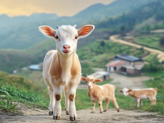 Fototapeta premium Pictures of a Sustainable Livestock Farm Diverse Animals Grazing Together in Vibrant, Eco-Friendly Scenery See images of goats, sheep, cattle, and more peacefully coexisting on a regenerative pasture