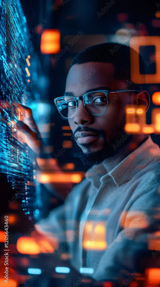 Poster portrait of an african american software developer analyzing holographic source code displayed on a 