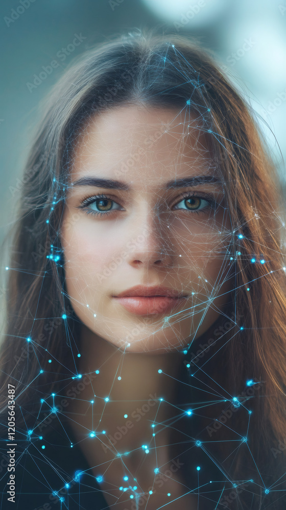 Poster polygonal mesh of connecting lines and dots covering a woman face, concept of artificial intelligenc