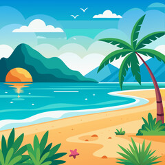 Tropical beach with palm trees and sea