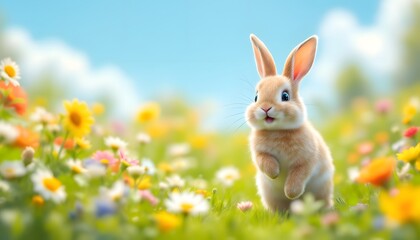 Fototapeta premium Cute Bunny in Spring Flower Meadow