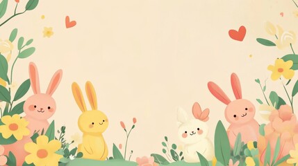 Charming Easter Scene with Cute Rabbits Amidst Spring Flowers and Pastel Tones Creating a Festive and Joyful Atmosphere