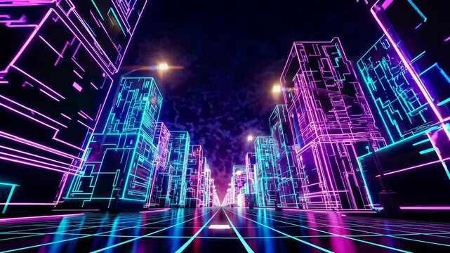 Trendy retro background animation. City landscape with buildings. Summer vacation. Retrowave, synthwave, vaporwave, 80s and 90s aesthetics. Retro wave 3D style. Videogame landscape, neon grid