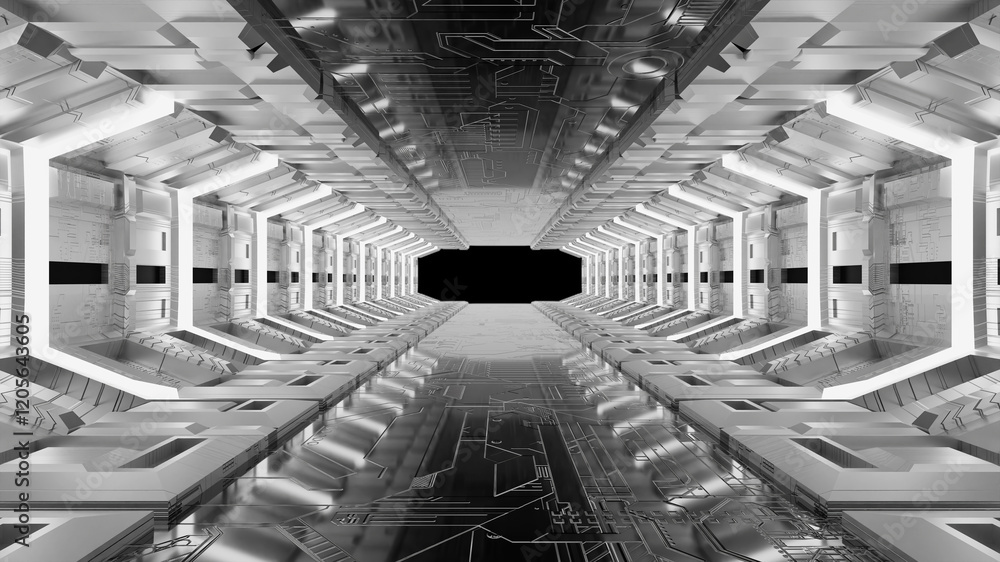 Poster 3d rendering abstract background empty sci-fi modern futuristic cyber spaceship room with smart tech