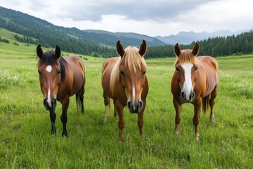Fototapeta premium Serene Horses Grazing in Lush Wildflower Pasture Majestic Equines peacefully enjoying a natural, vibrant green meadow, surrounded by blooming wildflowers under a scenic mountain backdrop Tranquil