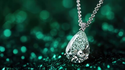 A pear-shaped diamond necklace displayed on a deep emerald green background.