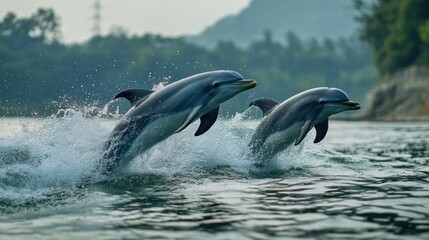 Fototapeta premium Two dolphins leaping from the ocean water on a background with trees and mountains