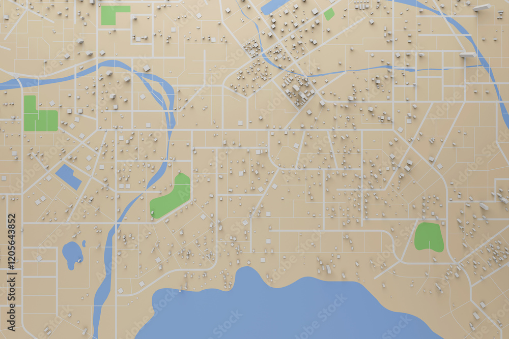 Poster 3d rendering city map illustration of a city map created using 3d modeling. top view of urban map wi