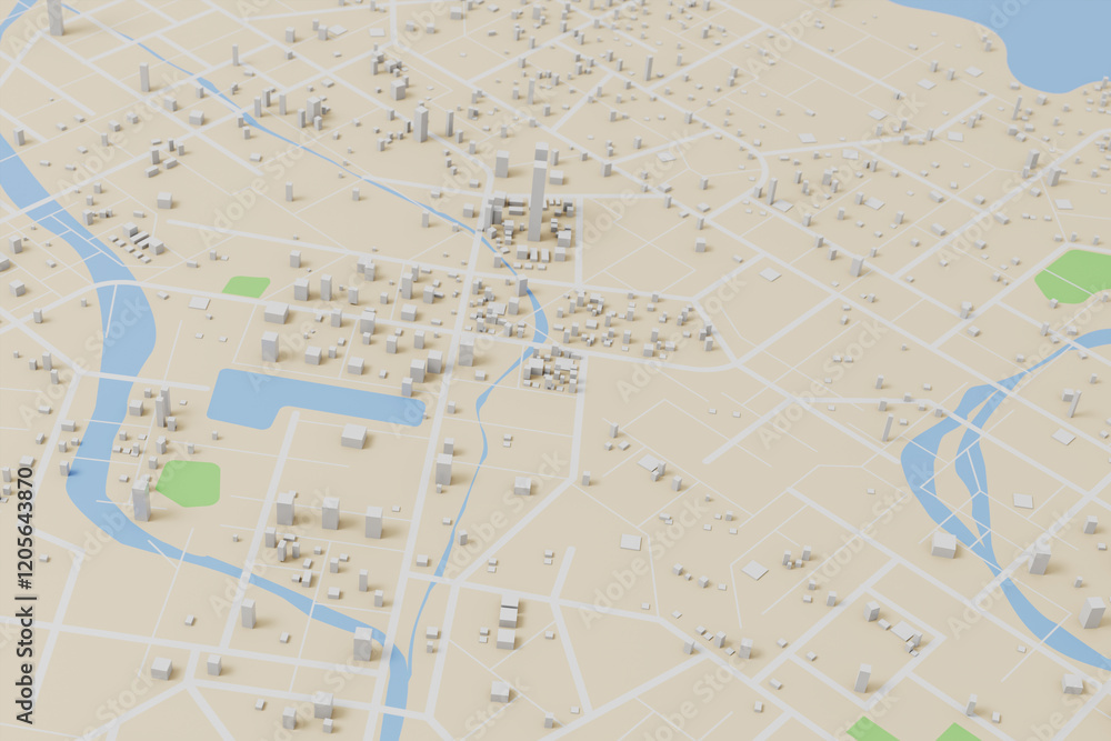Poster 3d rendering city map illustration of a city map created using 3d modeling. top view of urban map wi