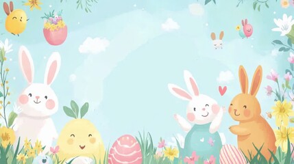Fototapeta premium Charming Easter Illustration with Adorable Bunnies and Colorful Eggs in a Whimsical Spring Scene
