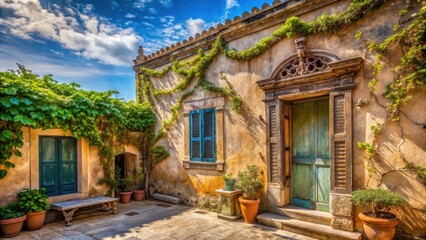 Fototapeta premium Sun-Drenched Mediterranean Courtyard with Lush Vines, Aged Stonework, and Teal Accents