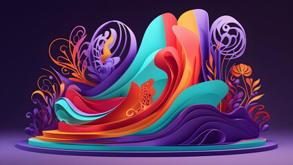 Colorful abstract 3D design with floral patterns on a pedestal, perfect for backgrounds or branding