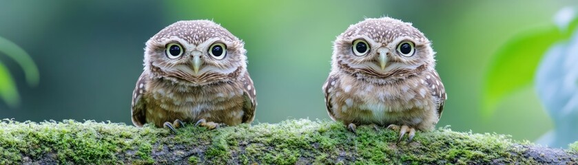 Fototapeta premium Two Curious Owls with Expressive Eyes Perched on a Mossy Branch, Exhibiting Solitude and Contrast in Wildlife Photography A Stunning Display of Nature's Beauty, Captivating Images Showcasing the