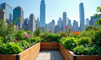 Fototapeta premium A vibrant rooftop garden in the heart of a modern city, featuring raised wooden planter boxes filled with a variety of lush green vegetables, colorful flowers, and herbs.