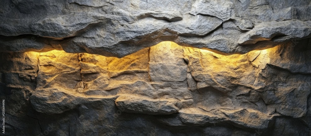 Poster rough stone wall with visible strata and a strip of warm light in a cave setting