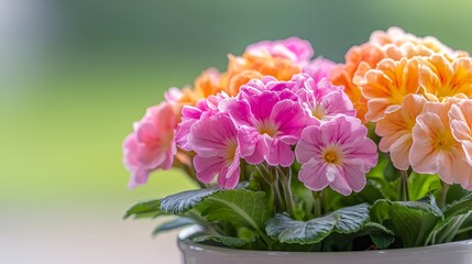 Obraz premium Close-up of brightly colored primroses, their intricate textures and vivid tones highlighted by the soft contrast of shaded greenery