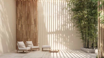 serene interior space featuring minimalist wooden furniture, bamboo plants, and soft natural light casting shadows on walls. Perfect for relaxation and tranquility