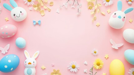 Pastel Easter background with cute bunnies, eggs, flowers and stars decoration with pink background for creative holiday season use