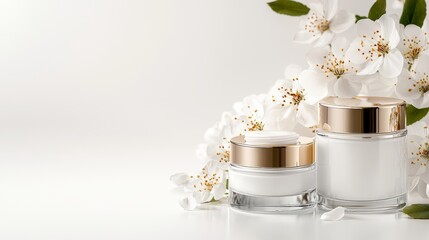 Premium skincare collection ad, elegant creams and serums with floral accents, ample space for sale text, bright and luxurious