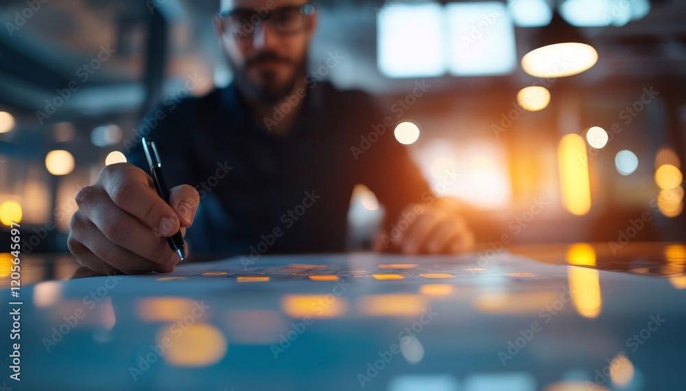 Poster a focused man writes notes on a sheet in a well-lit workspace, showcasing creativity and idea genera