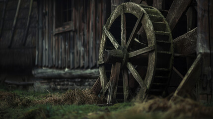 rustic wooden water wheel beside old barn, surrounded by grass and nature, evokes sense of nostalgia and tranquility