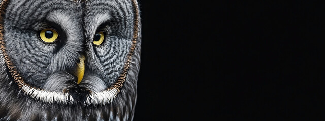 Close-up of an Owl's Face with Black Background and Copy Space for Banner Usage