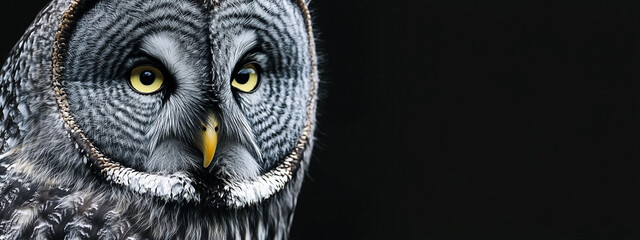 Majestic Owl Portrait Detailed Close Up on a Black Background Offering Copy Space Banner