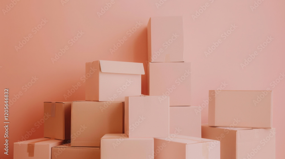 Poster Stacked cardboard boxes in soft pink setting, creating minimalist aesthetic. Ideal for storage or moving concepts