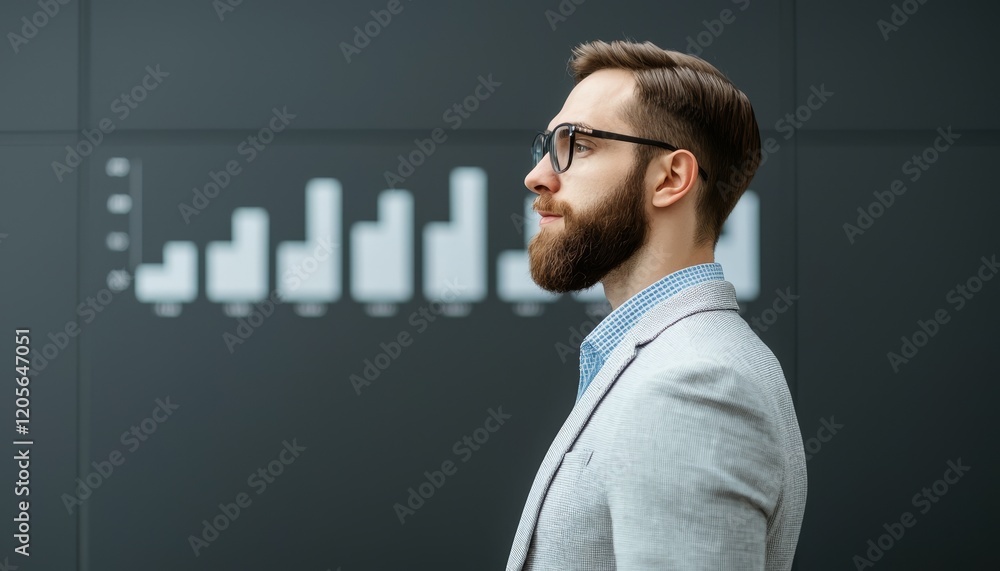 Poster a well-dressed man with glasses stands confidently in profile against a background of bar graphs, su