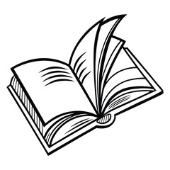 An open book illustration with pages flipping, depicted in a black and white line art style. The image captures the dynamic motion of the pages, making it suitable for educational, or publish themed