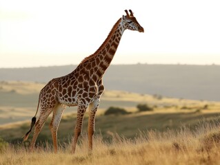 Obraz premium A Giraffe stands tall in a golden field under a soft sky with hills in the distance