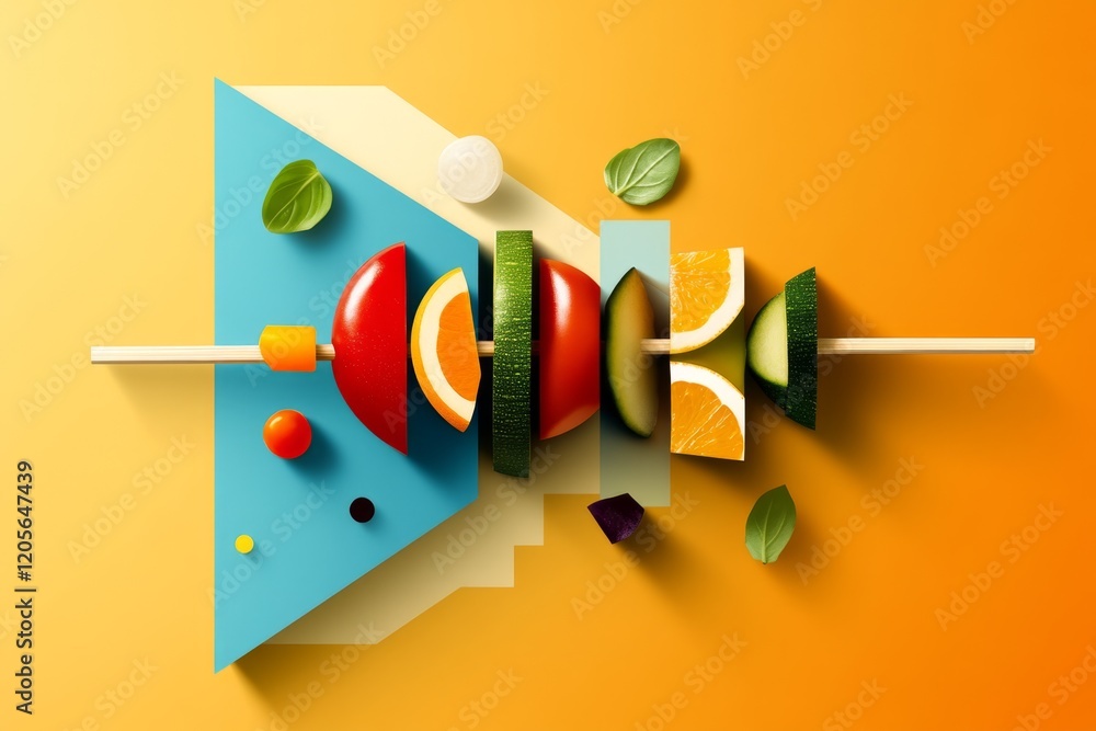Poster a stylized flat icon of a wurst sausage skewer with alternating vegetables, designed with simple geo