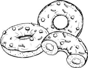 Black and white vector sketch of three donuts with icing and sprinkles in the shape of a heart. Perfect for Valentine's Day designs, bakery branding, holiday packaging, menus, dessert-themed projects