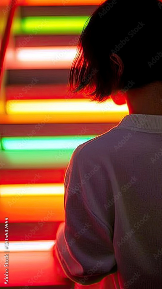 Poster vibrant multicolor neon lights illuminate a staircase embraced by a curious figure exploring