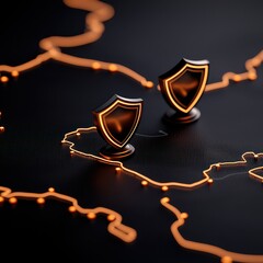 Two glowing shields placed on a map, symbolizing protection and cybersecurity.