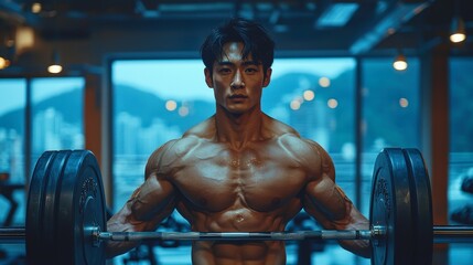 Naklejka premium Powerful Muscular Man Weightlifting in Gym Intense Workout