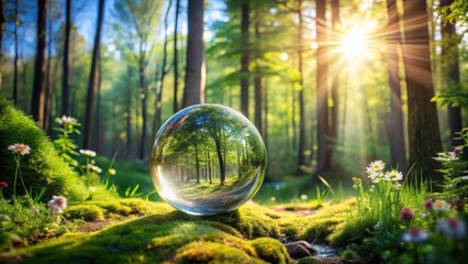 Luminous Sunbeams Filtering Through a Verdant Forest Captured Within a Crystal Orb Resting on Mossy Ground