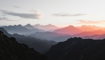 Fototapeta premium Tranquil mountain sunrise with layers of misty peaks and soft clouds